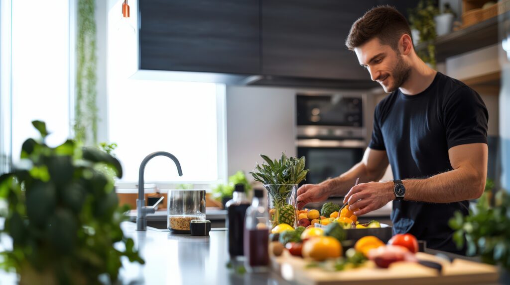homme cuisinant un repas sain